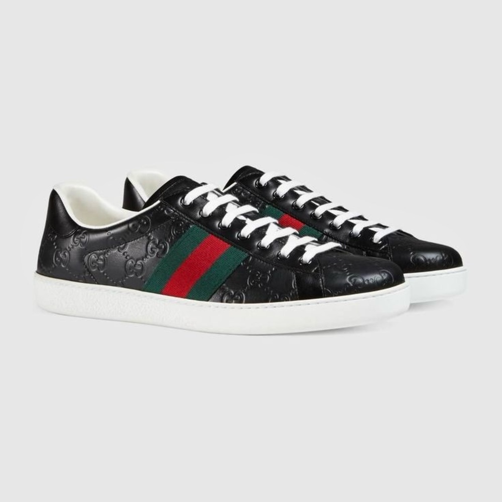 GUCCI Ace Signature Sneaker Embossed Black Monogram Leather Stripe